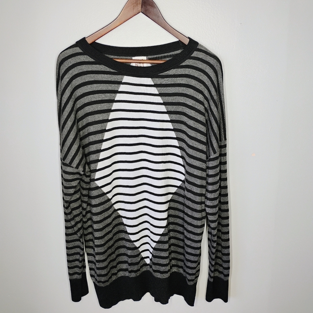 PLANET by‎ Lauren G Sweater Gray Black White Ribbed Hem Stripes One Size